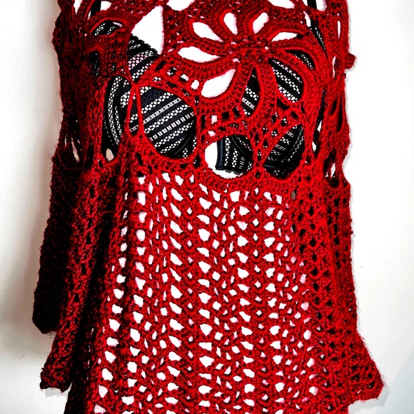 Red Hand Crochet Bell Sleeves Sweater! Size Large - Picture 7 of 15